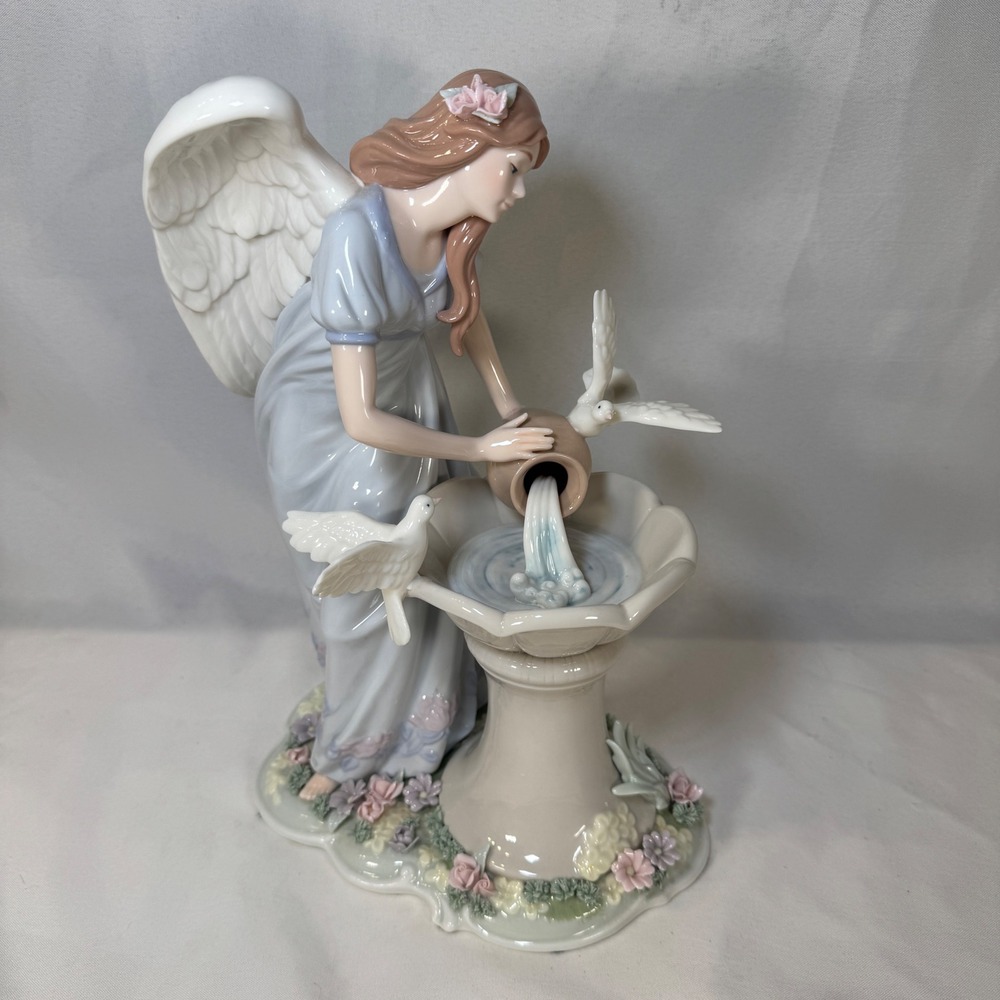 Vintage Porcelain Angel Figurine with Doves and Birdbath Pastel Glossy Statue